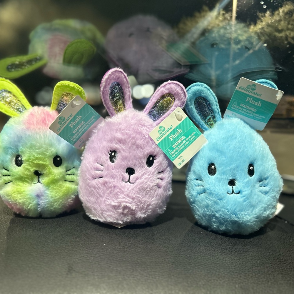 3 Colorful Plush Bunnies 🐰 . So Cute For decorating, Gift Set 🎁. Size 8”x5”